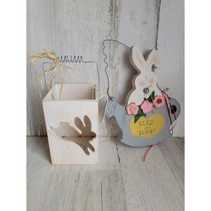 Easter rabbit gardening water can wooden sign white basket bunny set